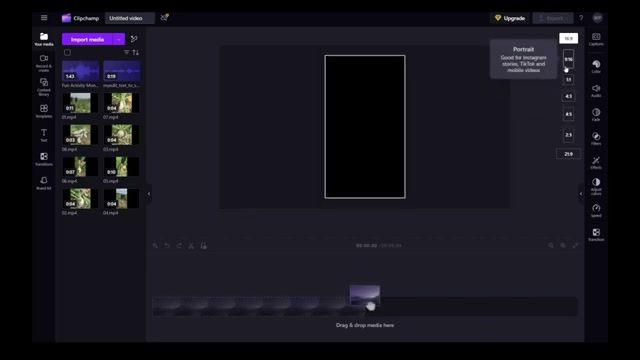 ClipChamp 选择 9:16 竖屏短视频格式